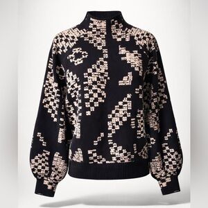 Anthropologie Viscose Mock Neck Sweater, balloon sleeves, black/pink, NWOT, szS